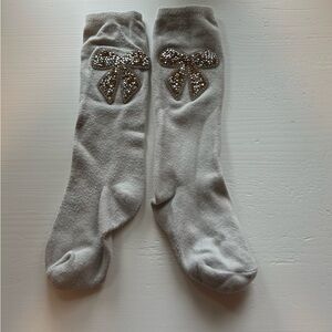 Baby Knee High Gray Socks with Gold and Silver Rhinestone Bow